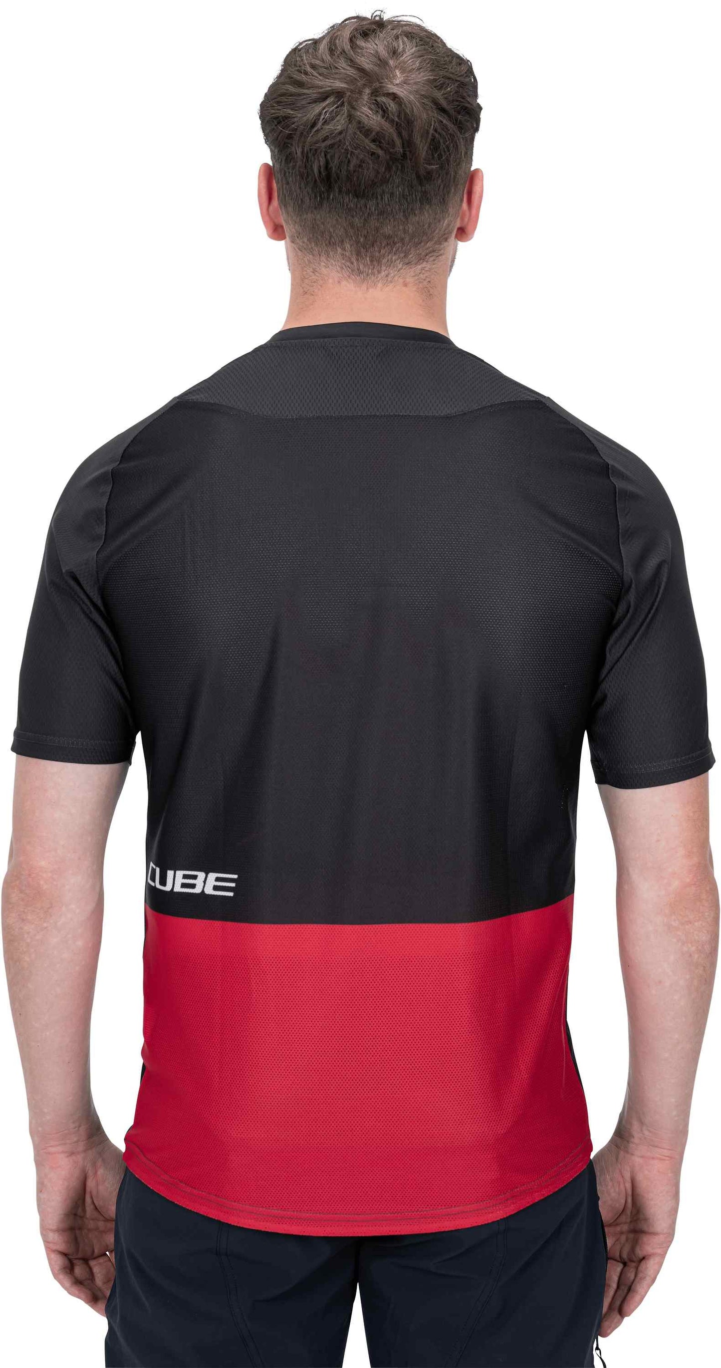 Jersey de cuello redondo CUBE Edge de manga corta, color negro y rojo