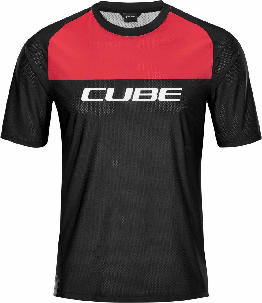 Jersey de cuello redondo CUBE Edge de manga corta, color negro y rojo